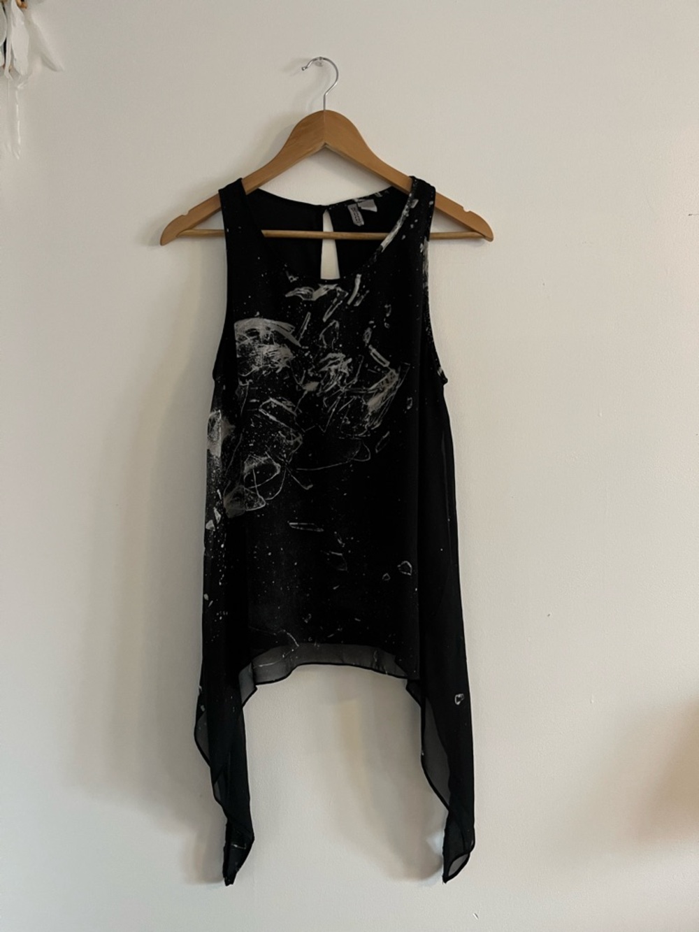 Black Sleeveless Chiffon Overlay Tank with Abstract White Print
